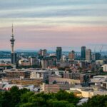 A long shot of Auckland city during a cloudy evening