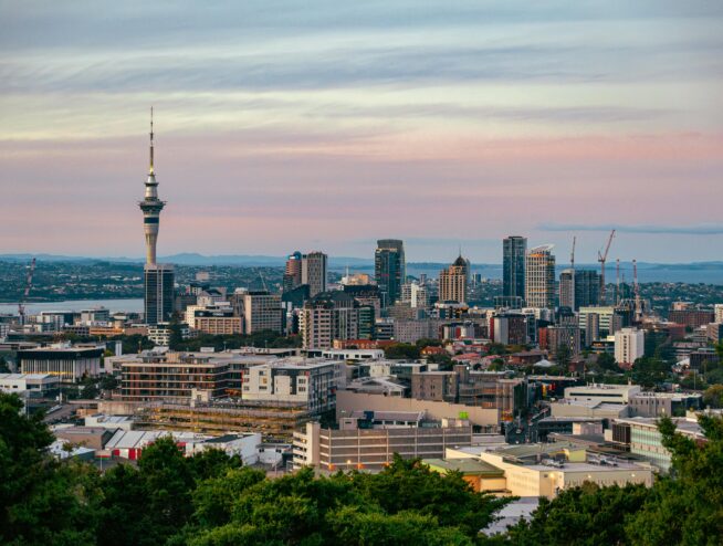 A long shot of Auckland city during a cloudy evening