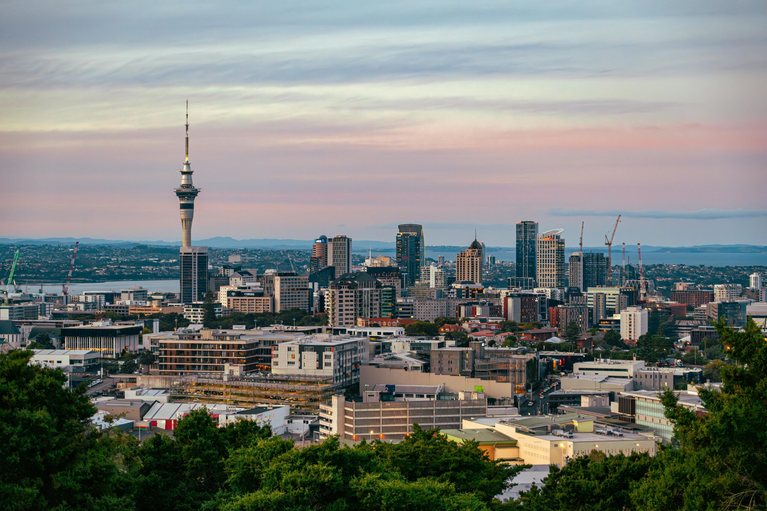 A long shot of Auckland city during a cloudy evening